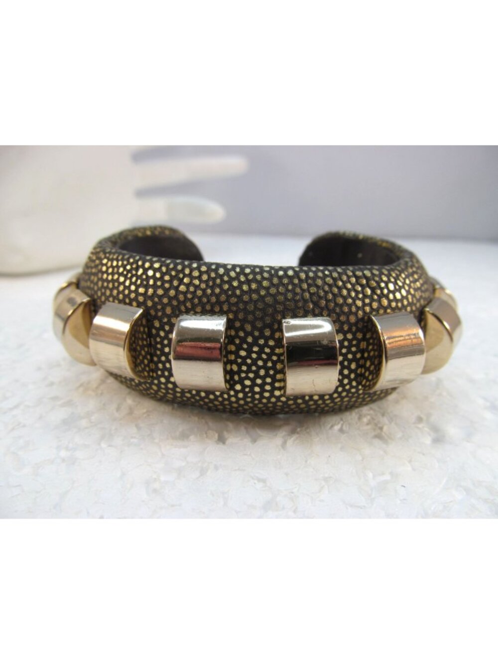 Cole Haan Cuff Bracelet Women's Black Gold Spotted Textured Leather with Studs
